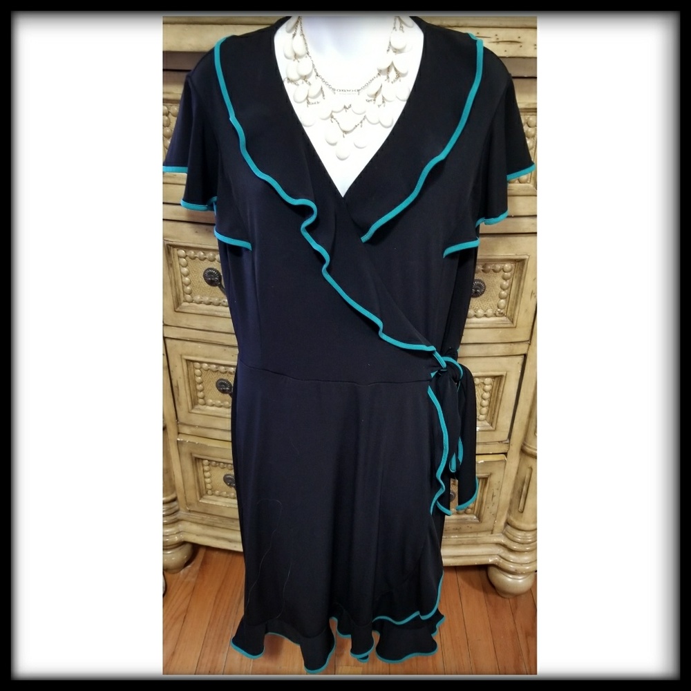 Faux wrap dress, black/turquoise,  large